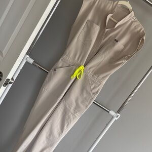 Figs Sleeveless Jumpsuit in Taupe with Neon Yellow Drawstring